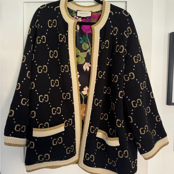 Gucci Sweaters - Gucci Black & Cream GG Logo Knit Open-Front Jacket
